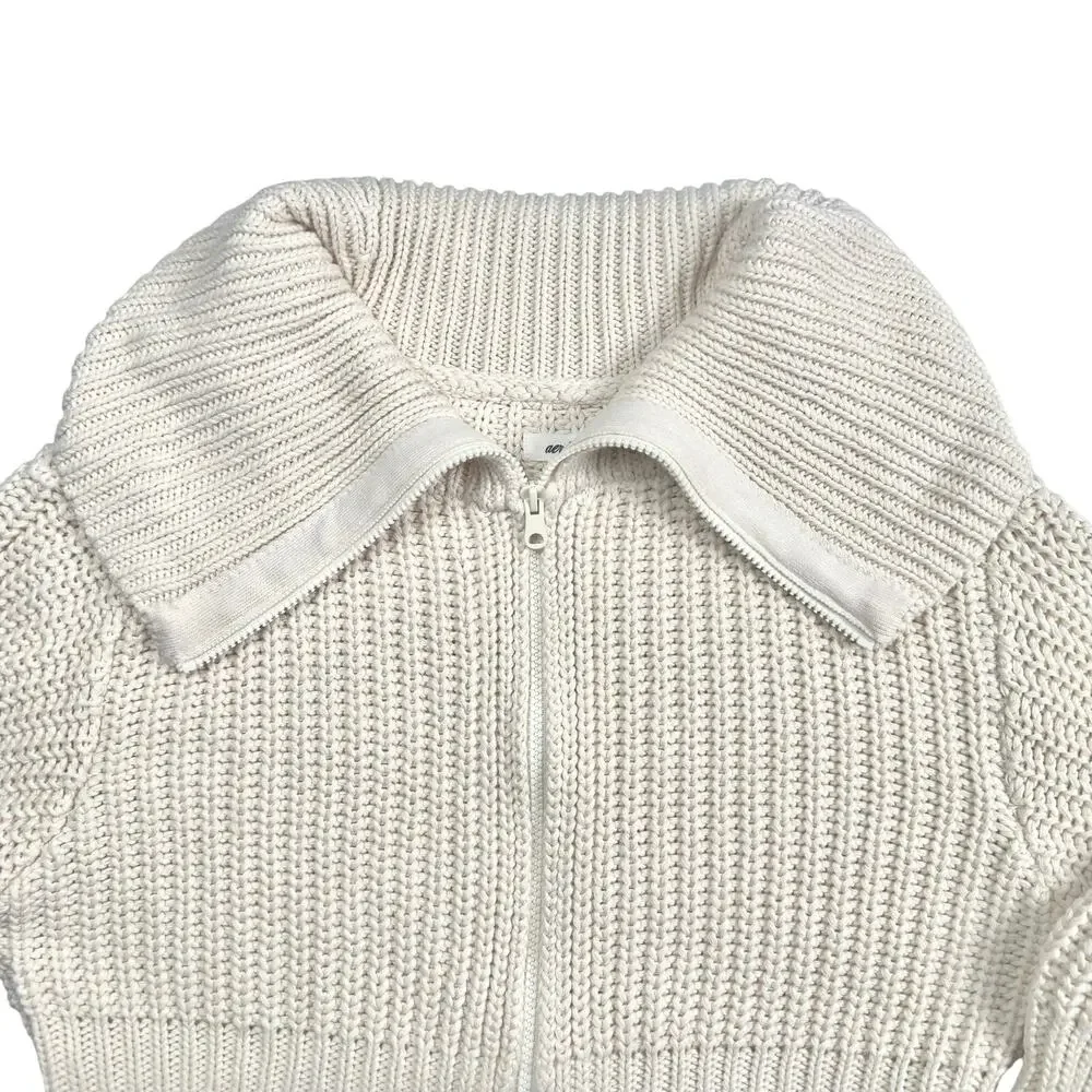 Aerie | Women | Double Zip Cream Ribbed Cotton Yarn Cropped Cardigan | Small